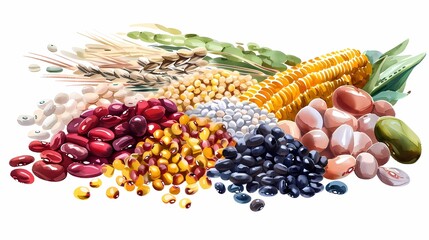 An illustration of Chinese grains, including soybeans, mung beans, millet, red beans, white kidney beans, red kidney beans, black beans, corn kernels, white background, Generative AI illustrations.