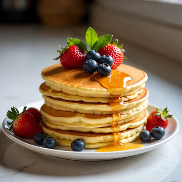 Perfect Pancake Stack with Strawberries, Blueberries & Syrup Easy Morning Recipe