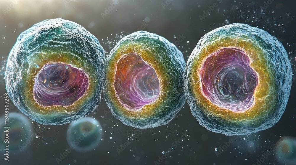 Poster microscopic cellular structures: a vibrant 3d render of three cells