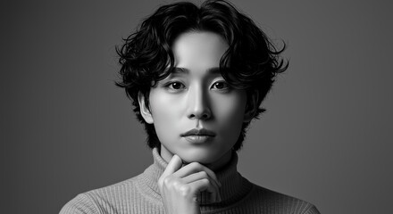 Monochrome portrait of a person with wavy hair and thoughtful pose.