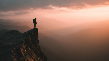 Fototapeta premium Male hiker staring at horizon silhouette on cliff edge