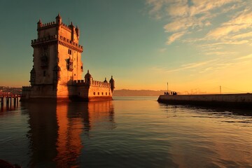 Fototapeta premium Belém Tower's Sunset: The iconic Belém Tower stands majestically as the sun sets, painting the sky with vibrant hues, offering a picturesque view that speaks of history and tranquility.