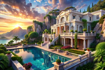 Luxury Villa on Cliffside with Infinity Pool, Ocean View, Sunset, and Lush Greenery