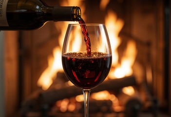 Enjoying a glass of red wine by the cozy fireplace on a winter evening