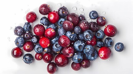 Close up a blueberries, cranberries, lots of them piled up in a super clear picture, overhead view, close up shot with fresh water droplets, Generative AI illustrations.
