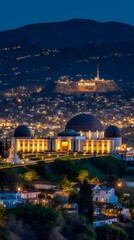 Obraz premium Night Panorama: A majestic observatory stands illuminated against the backdrop of a twinkling city skyline, as dusk descends and the stars begin to emerge. This breathtaking view exudes tranquility.