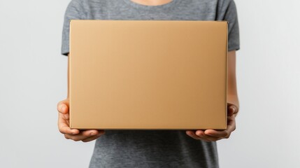 Person holding a large cardboard box against a neutral background. Concept of delivery, moving, and shipping services.