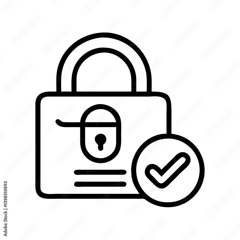 Poster lock security icon with check mark for verified protection and access control authentication system