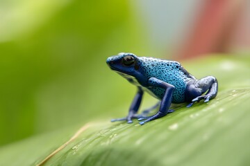 Obraz premium Blue Dart Frog on Green Leaf: A captivating close-up reveals the striking blue dart frog, perched gracefully on a lush green leaf.
