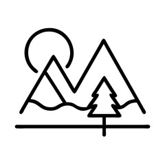 Mountain landscape outline vector illustration with sun and tree nature outdoor scene graphic design
