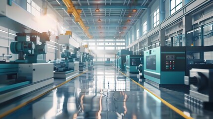 Fototapeta premium A wide-angled view of a modern industrial factory floor with diffused natural light coming through large windows, Generative AI illustrations.