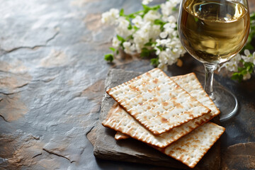 Passover Holiday Background – Flat Lay with Matzah, Wine, Seder Plate, and Spring Flowers