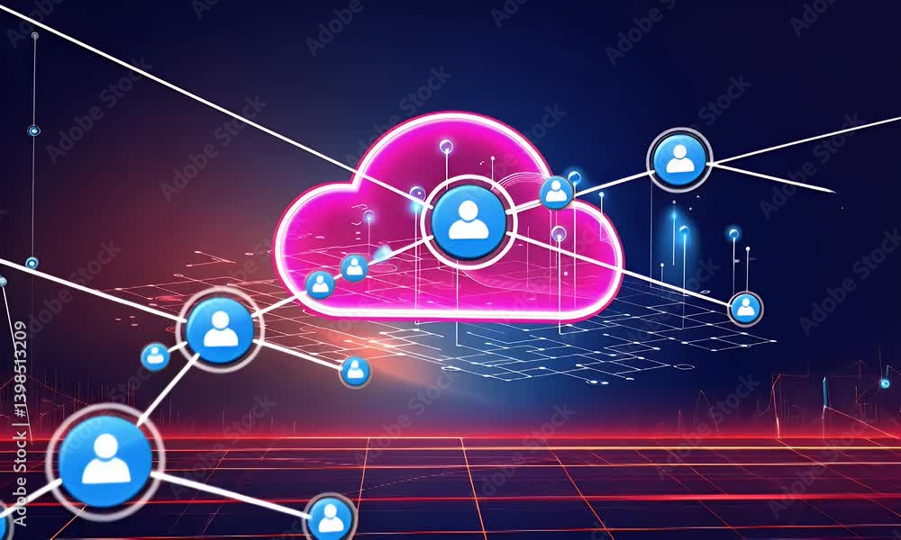 Poster dynamic digital network with user profiles and glowing lines in a vibrant futuristic setting.