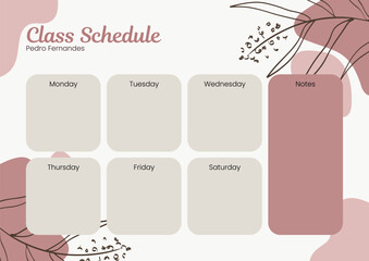 Elegant weekly class schedule with floral accents. A perfect tool for students and teachers to stay organized. Fully customizable and ideal for academic or personal planning.
