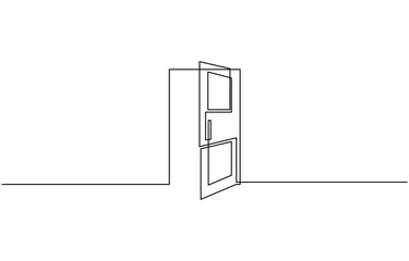 Open door with one continuous line. Single line editable drawing of office entrance, A modern line art depiction of an open door in one continuous line, Open door continuous one line drawing.