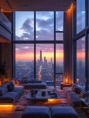A sleek modern penthouse interior at twilight, floor-to-ceiling windows showcasing a city skyline, minimalist furniture with warm ambient lighting, high-end architectural design.