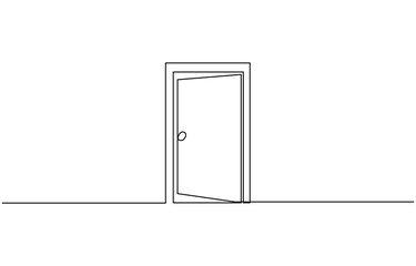 Open door with one continuous line. Single line editable drawing of office entrance, A modern line art depiction of an open door in one continuous line, Open door continuous one line drawing.