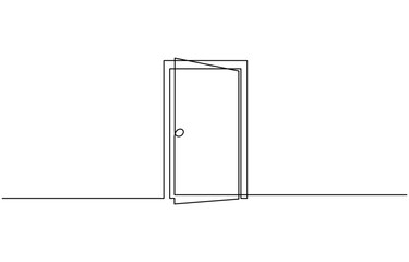 Open door with one continuous line. Single line editable drawing of office entrance, A modern line art depiction of an open door in one continuous line, Open door continuous one line drawing.