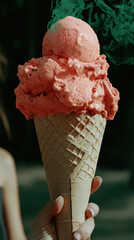 Enticing strawberry ice cream cone held up against a blurry background with wisps of green smoke.