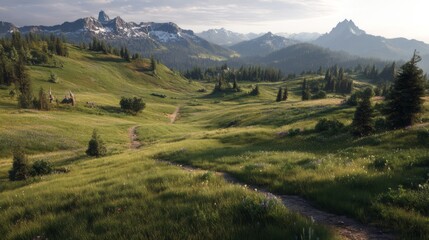 Fototapeta premium Serene Alpine Meadow with Scenic Views of Distant Mountains and Lush Greenery