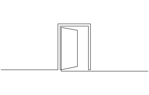 A modern line art depiction of an open door in one continuous line, Open door one line illustration, welcome sign continuous line art drawing.