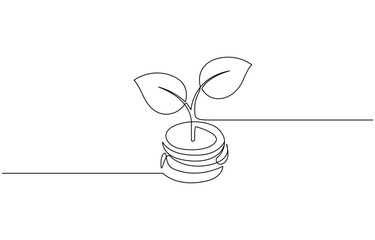Money plant in One Continuous line drawing. Growing coin tree symbol, Coins stack with leaves branch continuous one line drawing. Business investing concept.