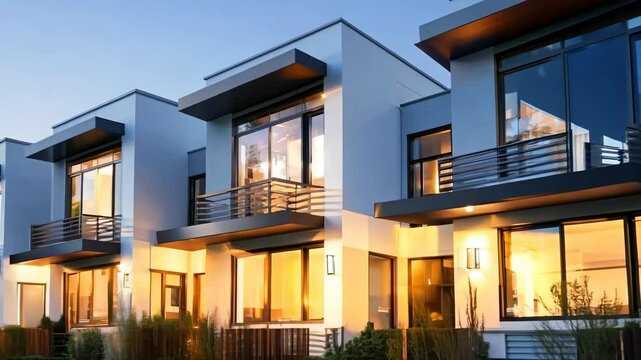 Modern row of minimalist homes at dusk, captured from a low-angle, showcasing sleek design and warm lighting, ideal for a real estate video.