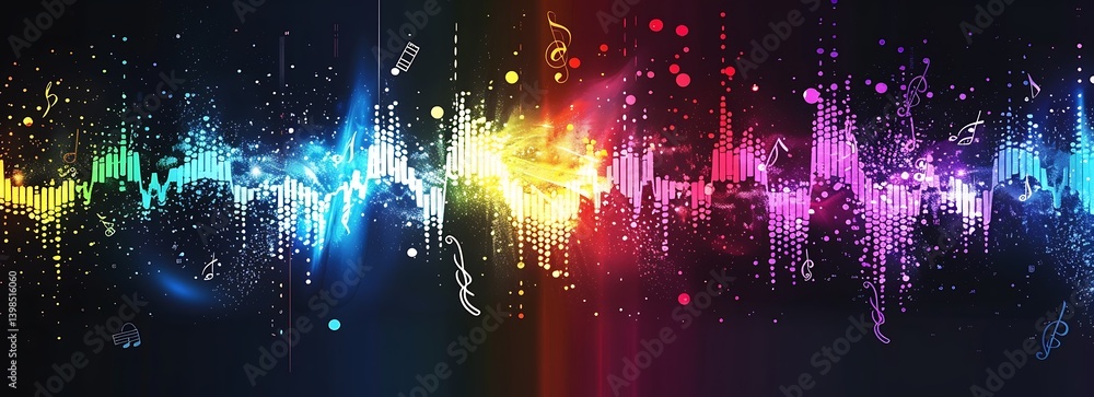 Poster chromatic soundscape: a vibrant and dynamic audio waveform, rendered in a kaleidoscope of vivid colo