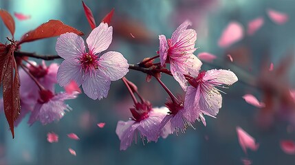 background with spring cherry blossom. Sakura branch in spring with falling petals and blurred colored background