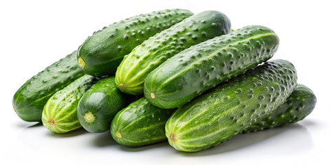 A vibrant collection of fresh cucumbers lies in a neat pile, showcasing their smooth skin and distinctive ridges. The crisp green vegetables highlight their natural freshness and quality