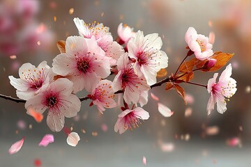 background with spring cherry blossom. Sakura branch in spring with falling petals and blurred colored background