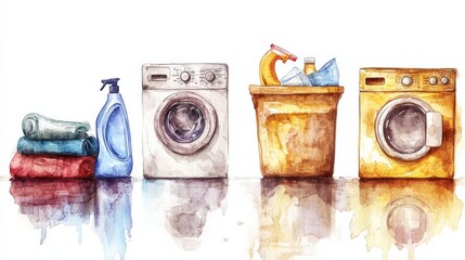 Colorful watercolor illustration of laundry items, cleaning supplies, and washing machines arranged neatly