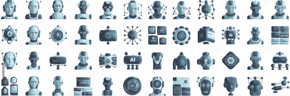Poster 3d ai and robotics vector icon set featuring humanoid robots, digital assistants, and automation
