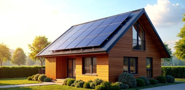Video Footage, Close-up of new suburban house with a photovoltaic system on the roof. Modern eco friendly passive house with solar panels on the gable roof, with sunlight in the morning vibes.