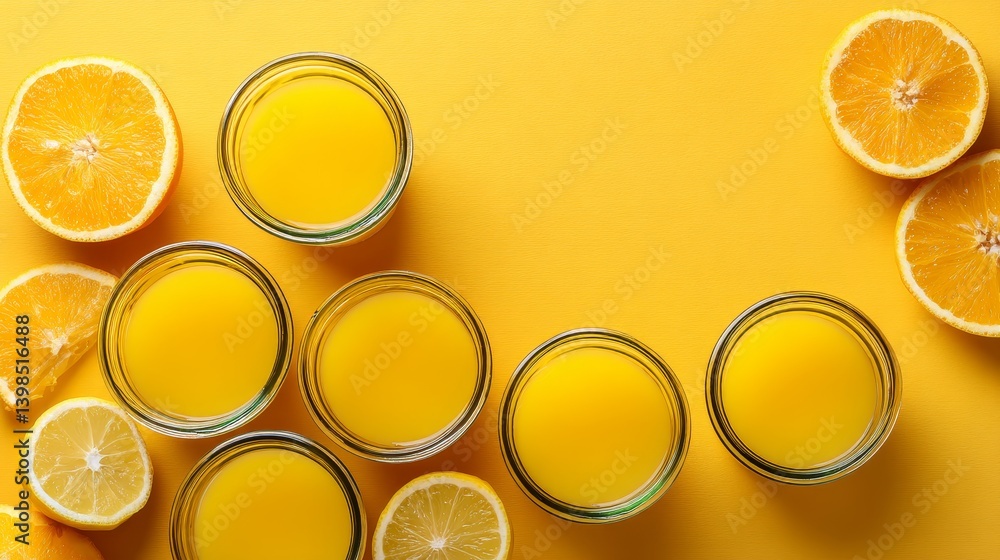 Poster citrus slices and jars of marmalade are arranged on a cream background, providing a bright and cheer