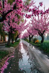Blooming peach orchards in early spring, path in the middle. Soft light