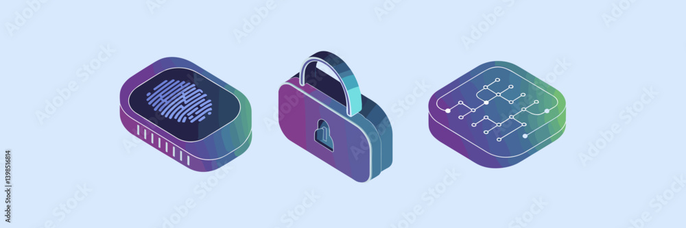 Poster modern 3d gradient cybersecurity icon set with biometric scanning and digital protection