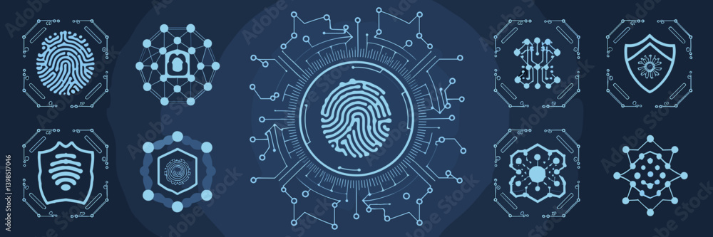 Poster futuristic 3d gradient cybersecurity icon set with biometric security and ai compliance
