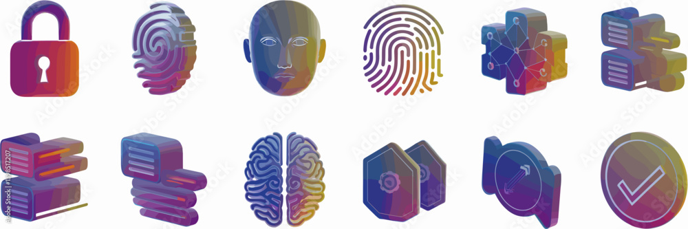 Poster 3d gradient cybersecurity icon set with biometric scanning and digital identity protection