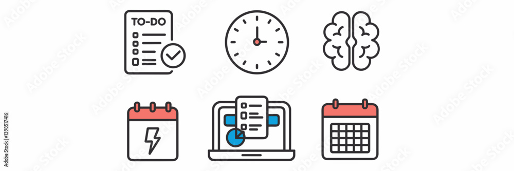 Poster vector icon set with to-do list, clock, brain with lightning bolt, and calendar