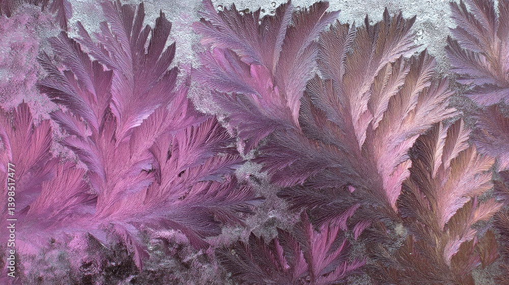 Poster frost feathers form unique designs on a frozen windowpane, capturing dawn's soft pink light through 