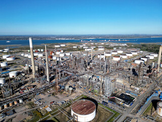 Oil refinery aerial view, shot from a drone. Production of oil and chemicals.