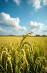 Obraz premium Golden rice fields under blue sky. Ripe crops, grain ready for harvest. Nature background, farmland, countryside, agriculture, summer, autumn season. Food production.