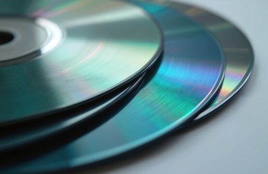 Close-up of shiny CDs. Optical discs reflect light with rainbow gradient on white surface. Data storage concept. Music and data backup for personal collection or pro studio.