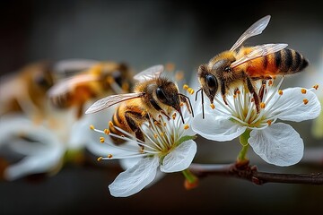 Group of bees on a flower close-up. High detoliation.