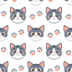 Seamless pattern of cute cat faces and paw prints. Kittens seamless pattern. Cute background for kids.
