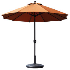 A patio umbrella with a sturdy metal stand isolated on white background