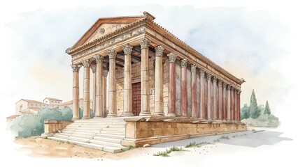 Fototapeta premium Ancient Roman Temple Watercolor Corinthian Columns Architecture Illustration