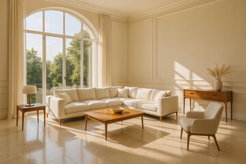 Fototapeta premium Modern elegant living room interior with white corner sofa wooden furniture large arched window and sunlight through curtains