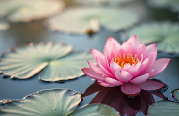Pink lotus flower in water. Blooming lotus flower, lily pads. Water lily blossom. Aquatic plant, lake, pond. Nature, beauty, zen, meditation. Travel, tourism, vacation, Thailand, Asia, oriental,